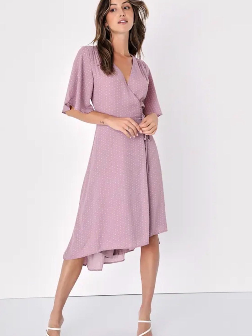Women's Dusty Lilac Midi Dress with Flutter Sleeves